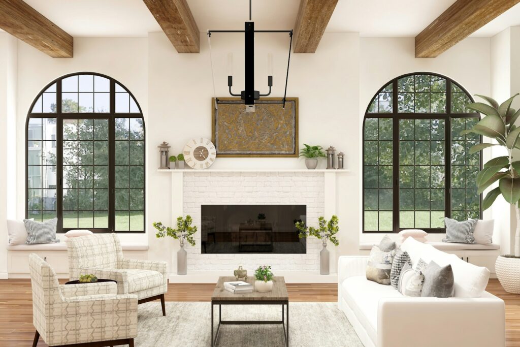 Bright living room with arched windows and a fireplace