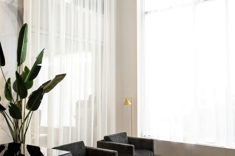 Minimalist living space with large windows and greenery