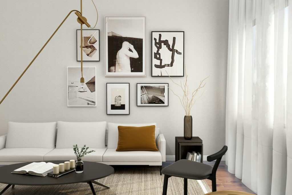 Living room with a curated gallery wall and modern furnishings