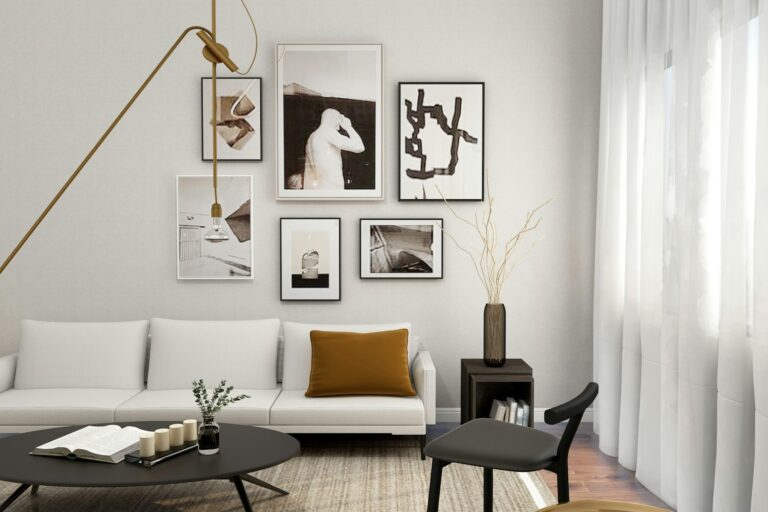 Living room with a curated gallery wall and modern furnishings